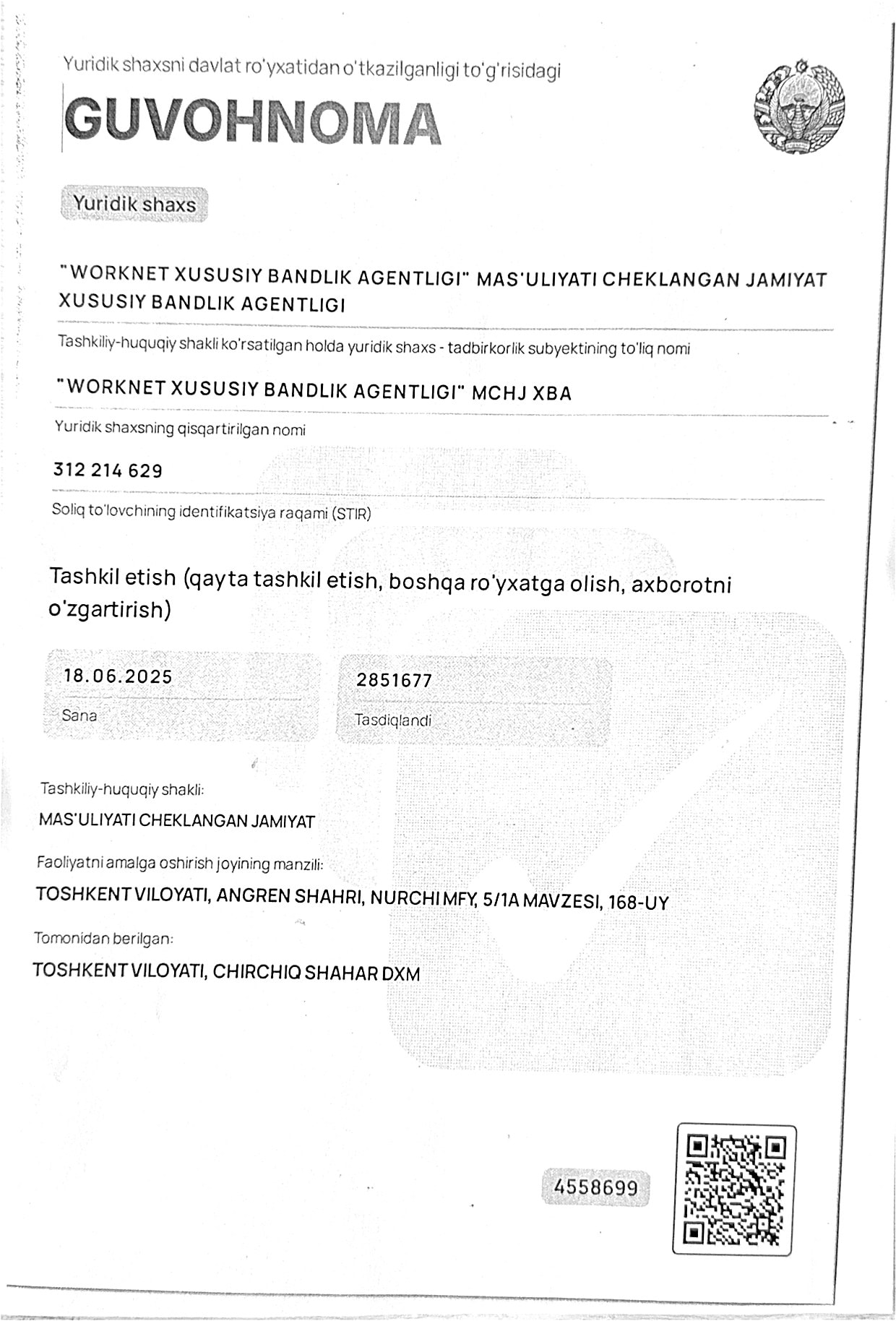 Davlat ro'yxatidan o'tganlik guvohnomasi